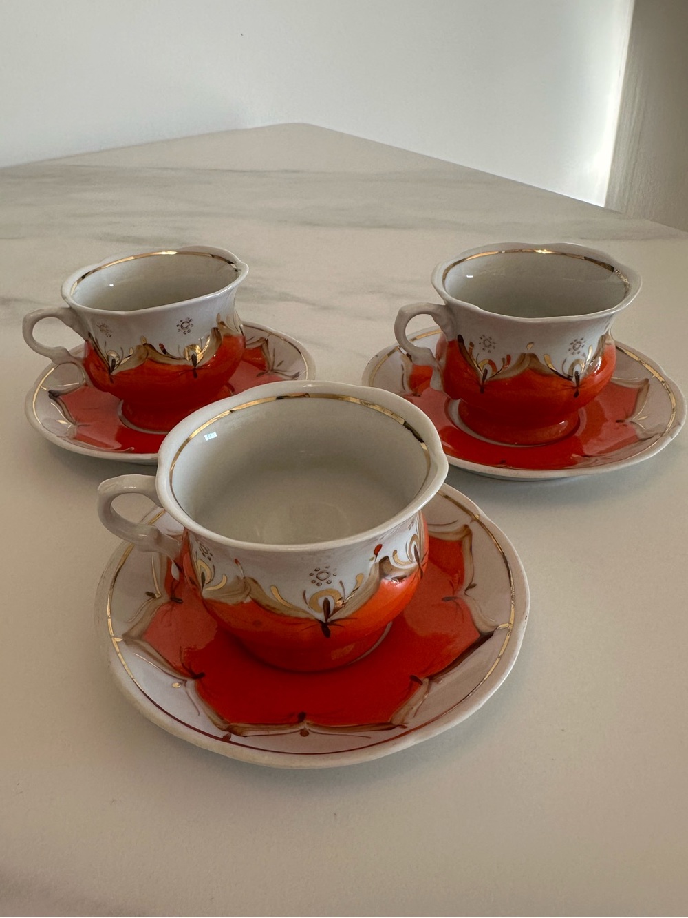 Vintage Baranovka “Buton” Porcelain Tea Cup and Saucer Set in Orange & Gold x3